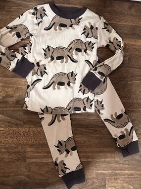 Kids Triceratops Print Beige Pajama Set with Dark Trim